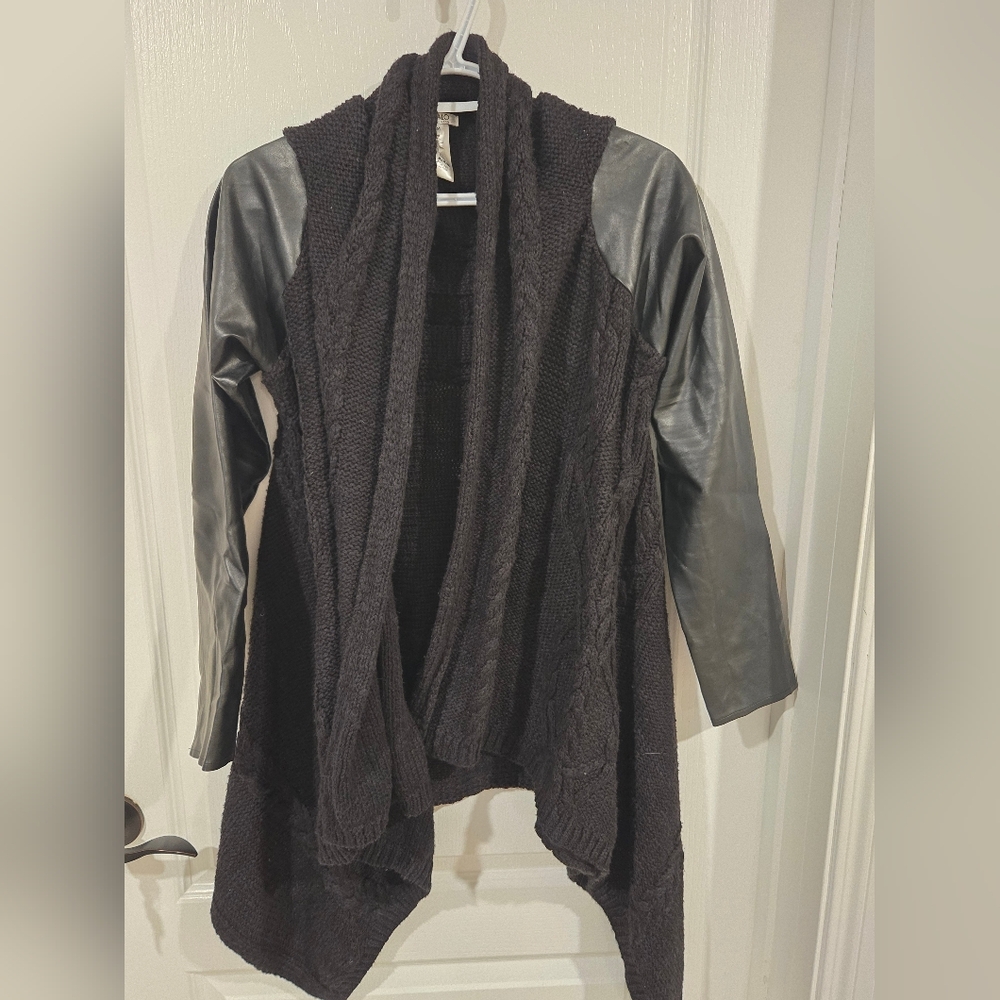 Leather And Knit Waterfall Cartigan Sweater.